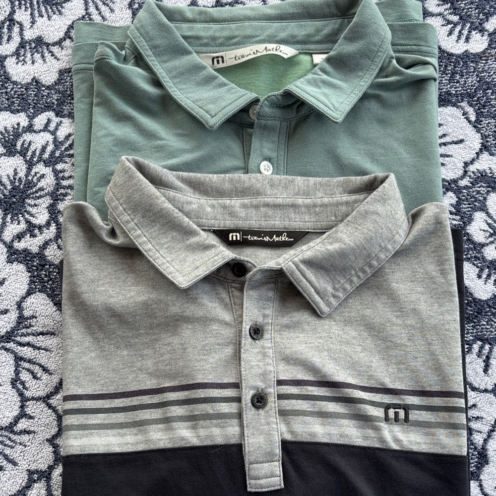 Travis Mathew Two-Pack Polo Set in Sage Green and Heather Gray